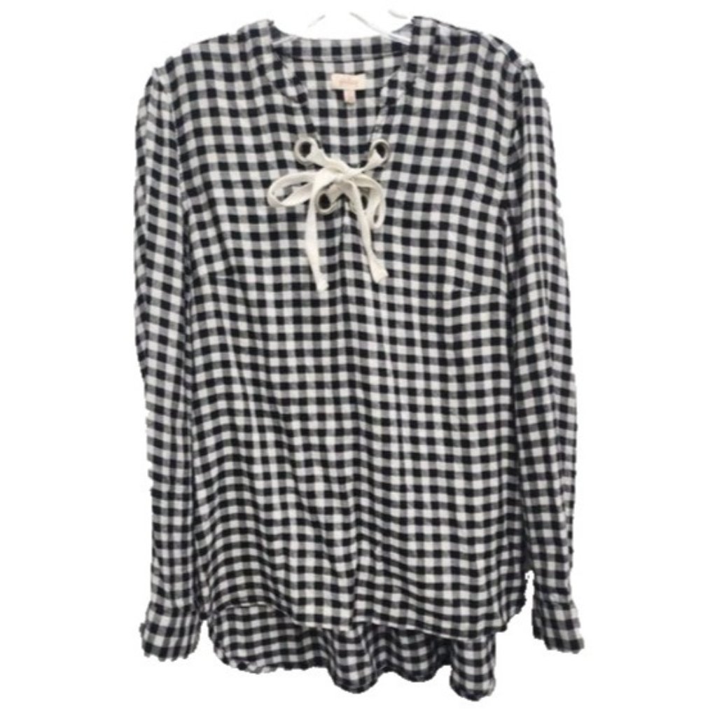 Pixley Stitch Fix Womens Peasant Top Small Black White Plaid Flannel Long Sleeve